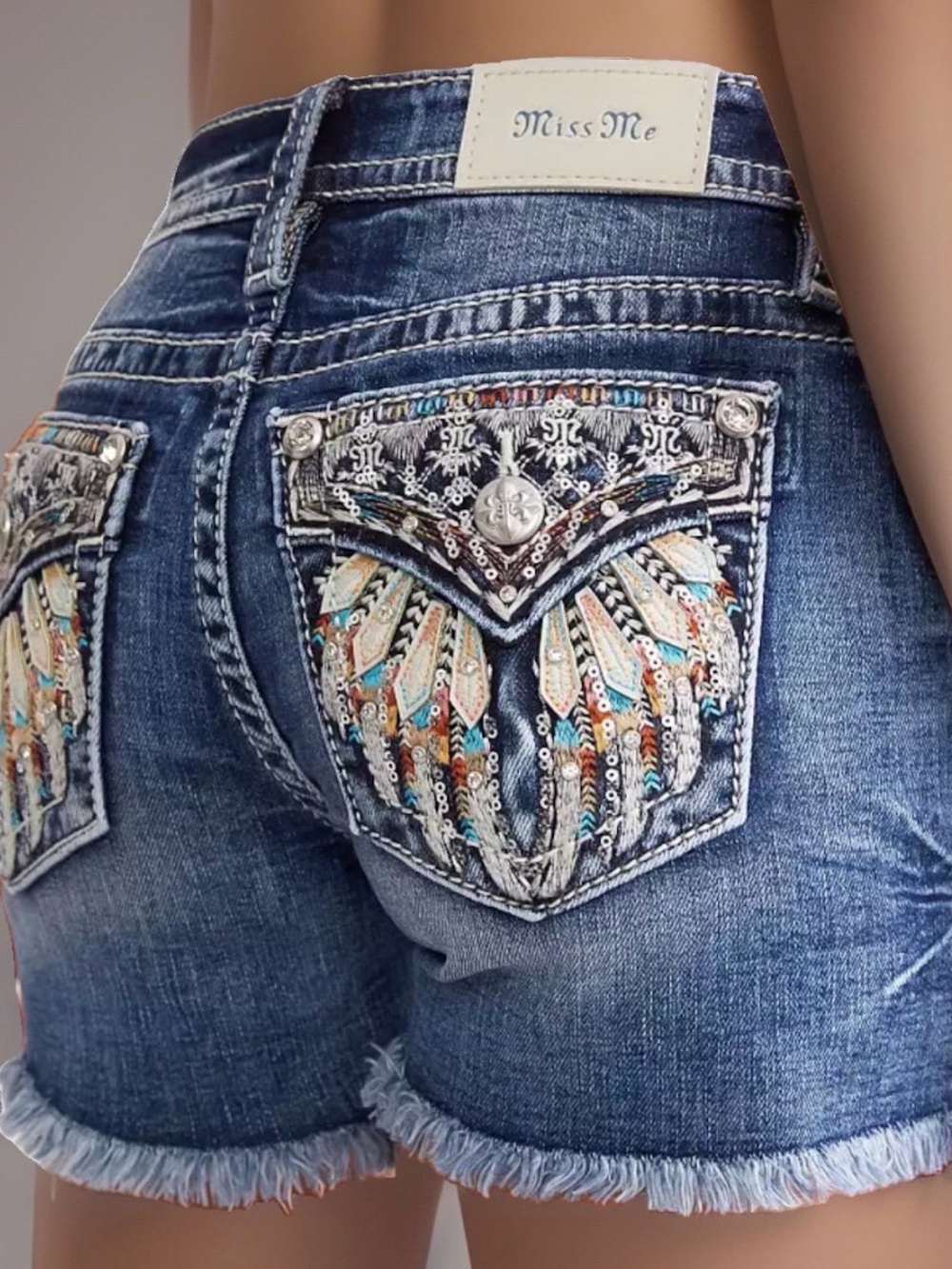 Miss Me Shorts 26 Denim Blue Jean Y2k Rhinestone Embellished Midi angel wing